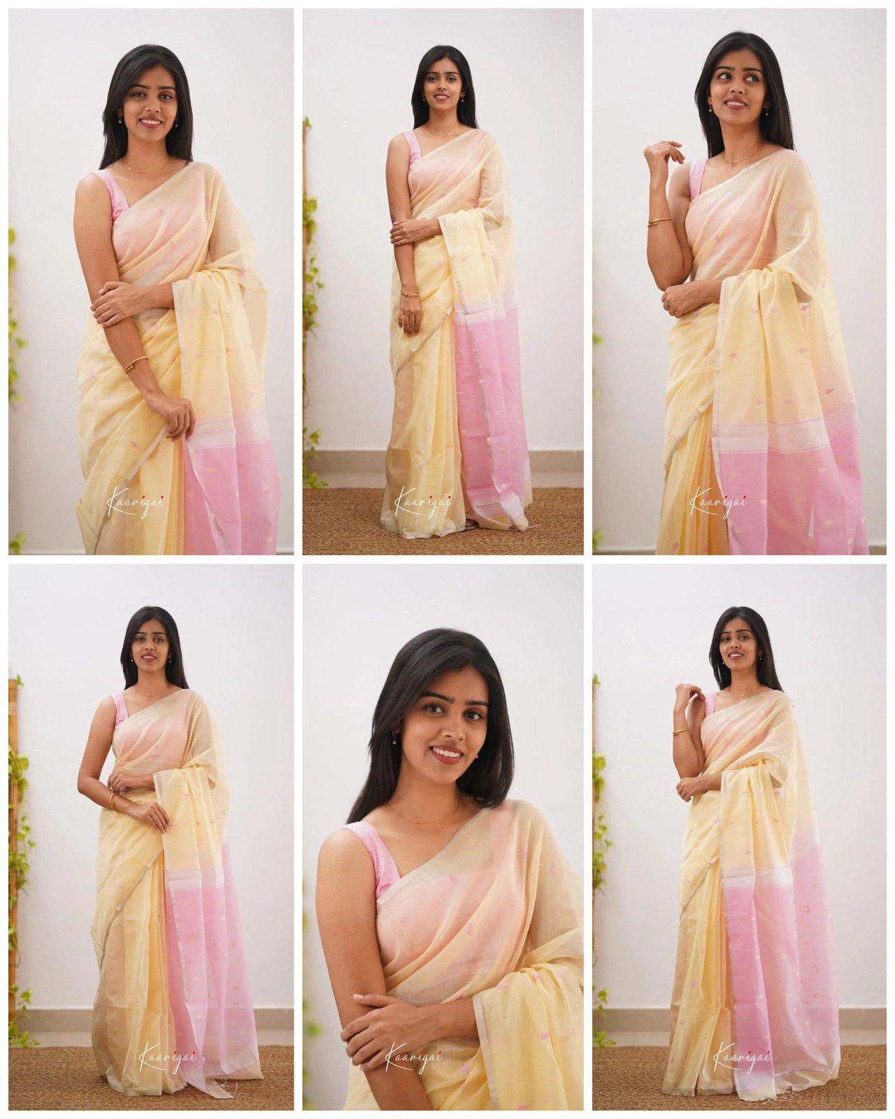 Cream Pure Linen Ultra Soft Resham Weaved Borderless Saree