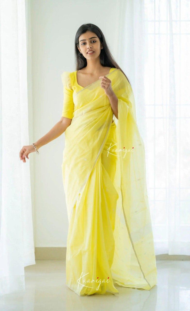 Lemon Pure Linen Ultra Soft Resham Weaved Borderless Saree