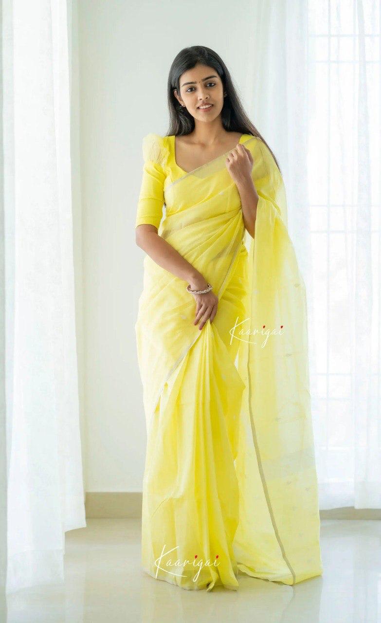Lemon Pure Linen Ultra Soft Resham Weaved Borderless Saree