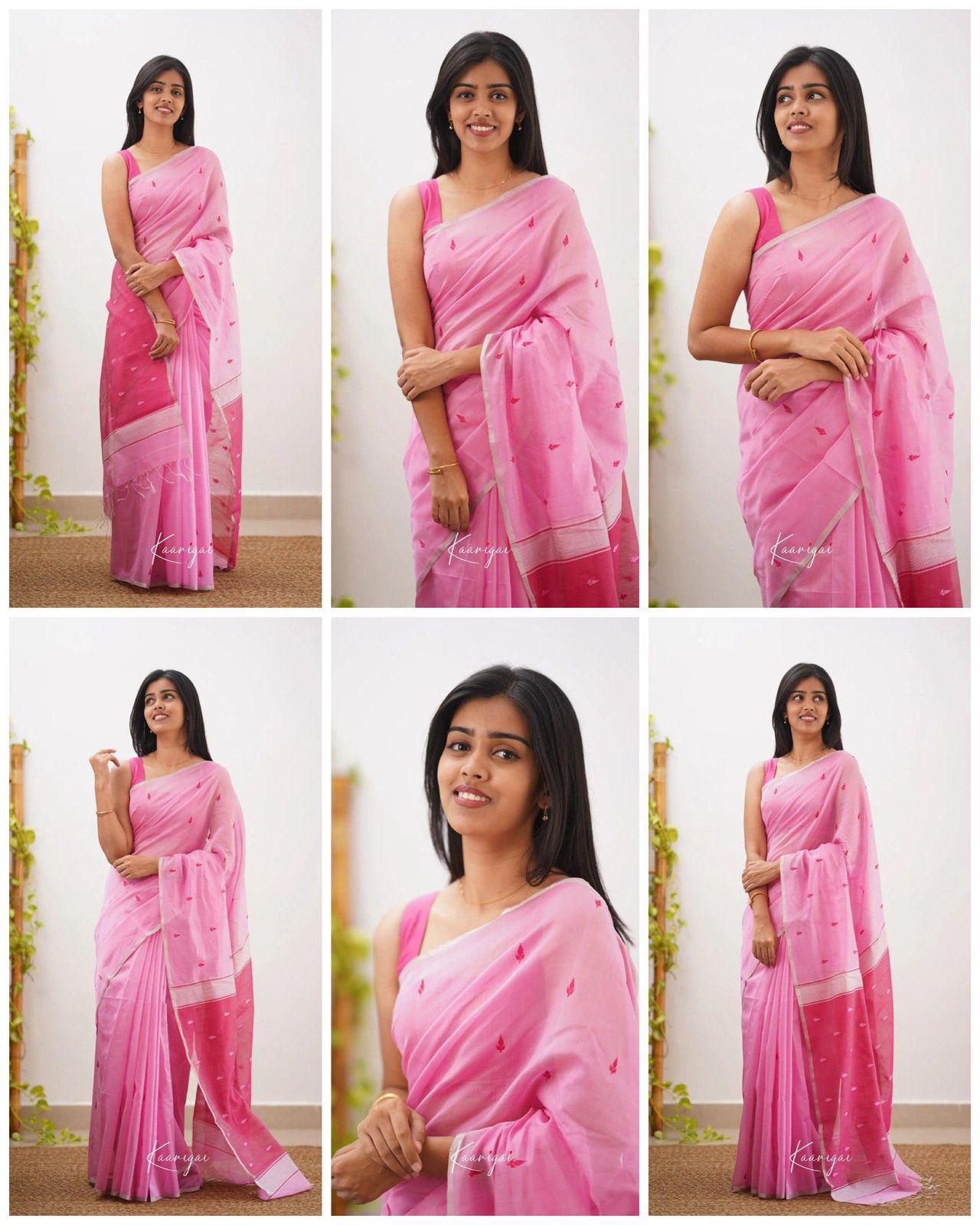 Pink Pure Linen Ultra Soft Resham Weaved Borderless Saree