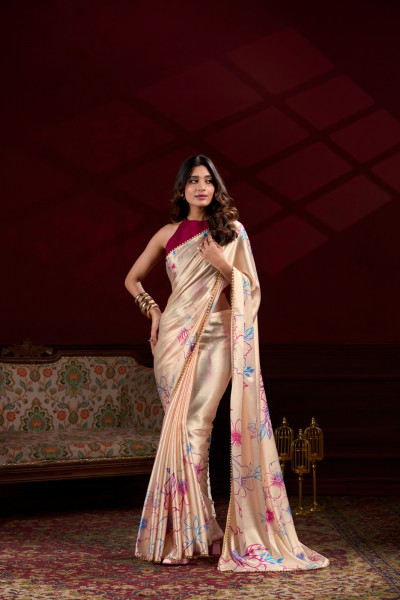 Image of Cream Satin Silk Floral Print With Pearl Lace Border Saree