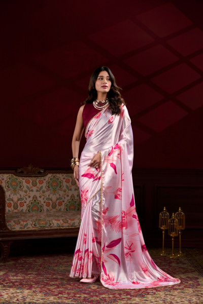 Image of Light Purple Satin Silk Floral Print With Pearl Lace Border Saree