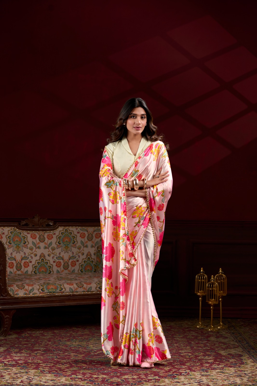 Pink Satin Silk Floral Print With Pearl Lace Border Saree