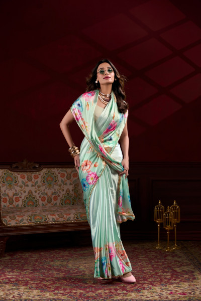 Image of C-Green Satin Silk Floral Print With Pearl Lace Border Saree