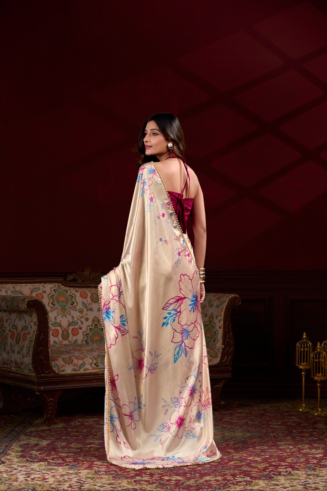 Cream Satin Silk Floral Print With Pearl Lace Border Saree