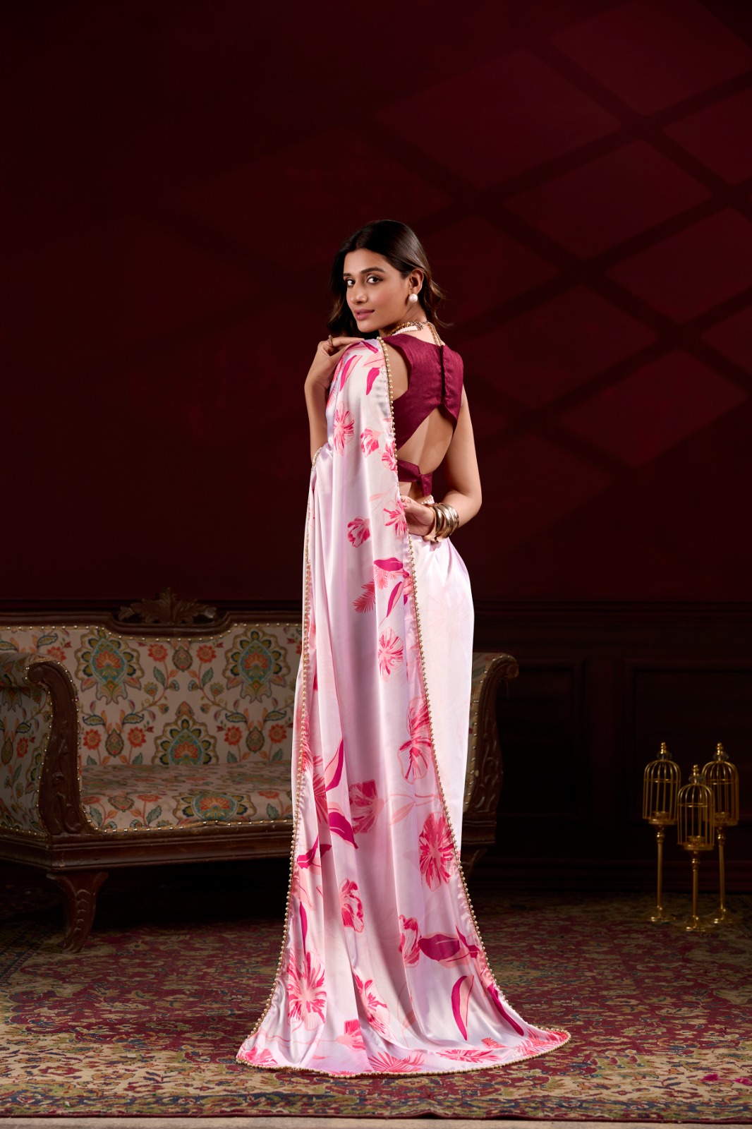 Light Purple Satin Silk Floral Print With Pearl Lace Border Saree