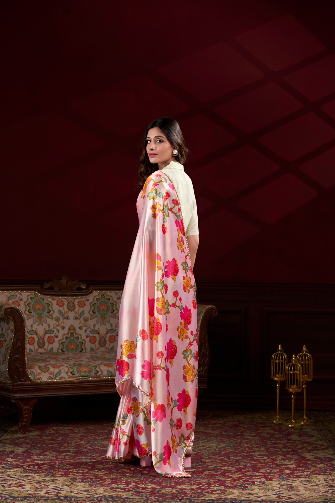 Pink Satin Silk Floral Print With Pearl Lace Border Saree