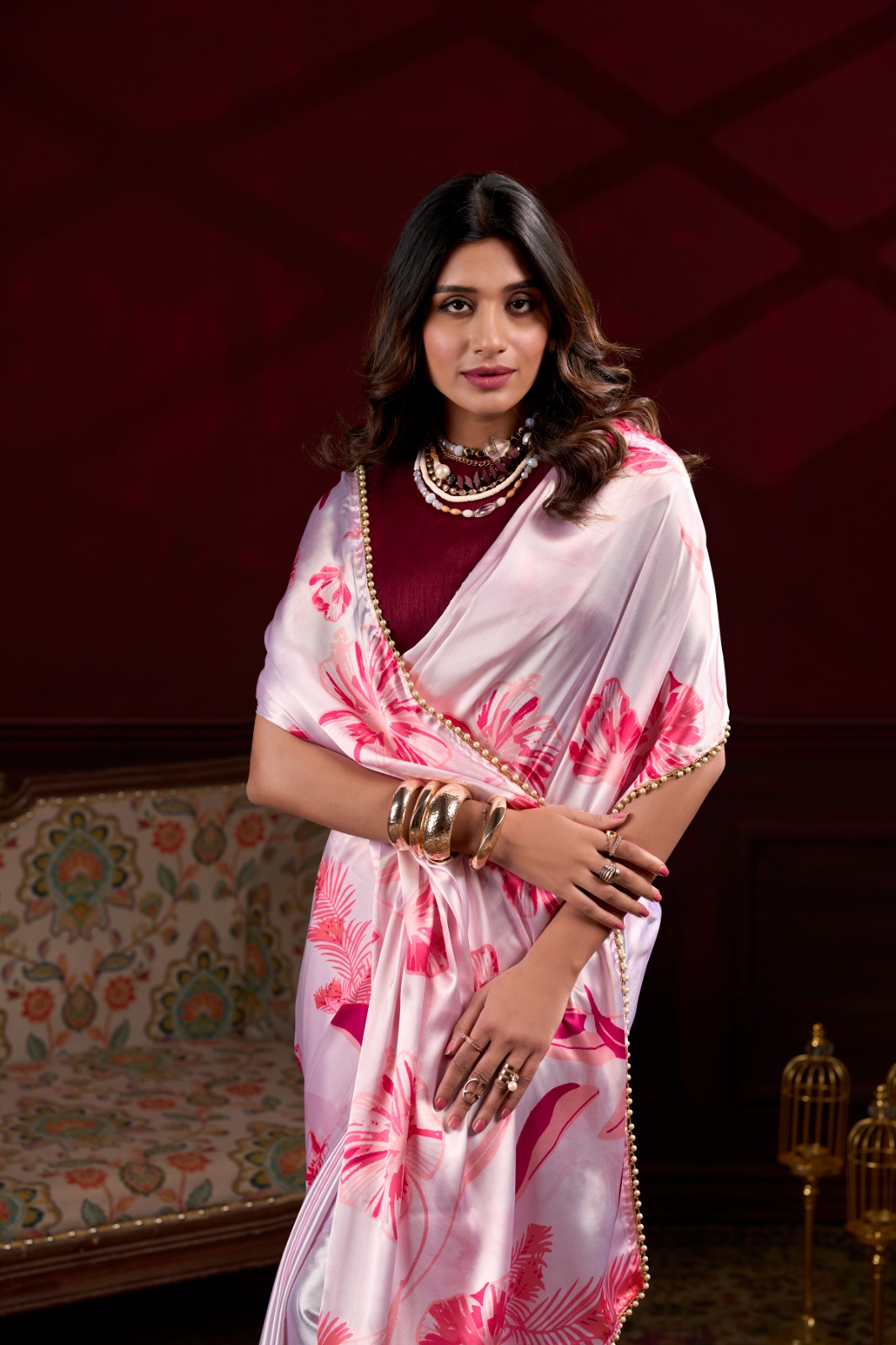 Light Purple Satin Silk Floral Print With Pearl Lace Border Saree
