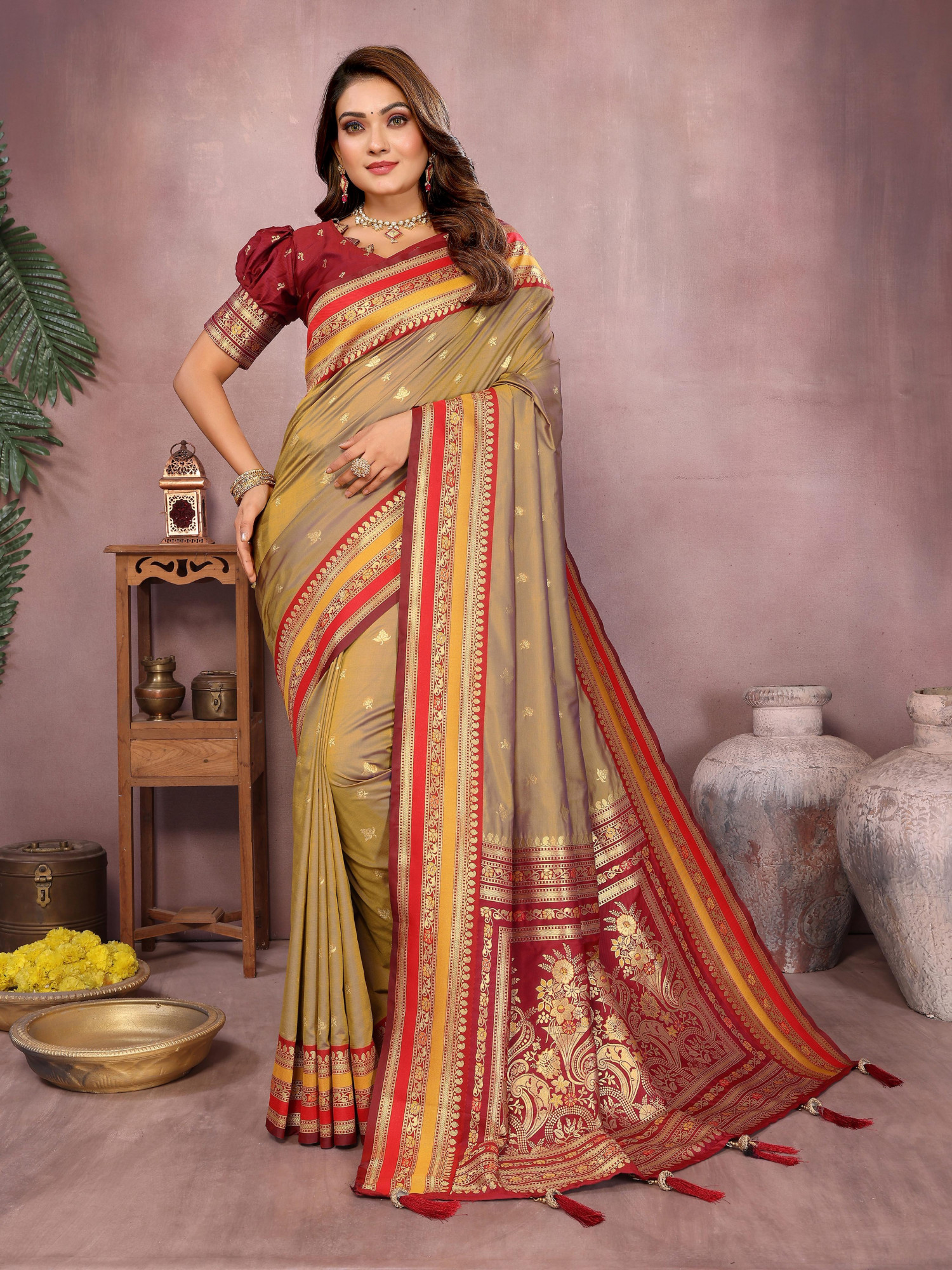 Beige Pure Handloom Kalamkari Silk Zari Weaved Pallu Border Saree