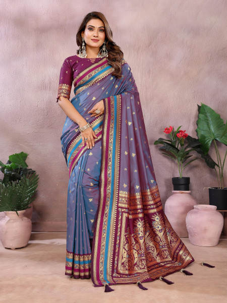 Image of Bluish Gray Pure Handloom Kalamkari Silk Zari Weaved Pallu Border Saree