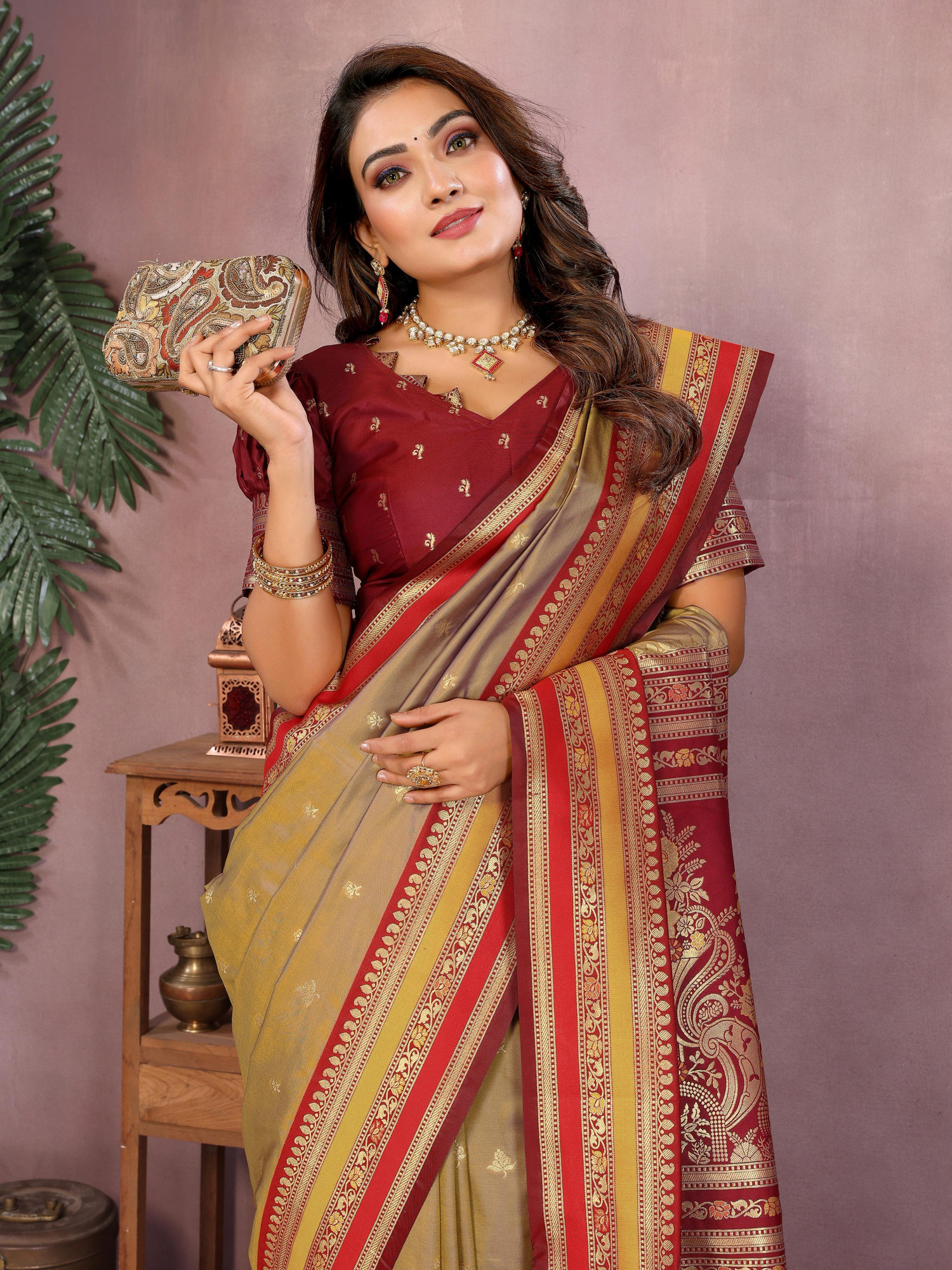 Beige Pure Handloom Kalamkari Silk Zari Weaved Pallu Border Saree