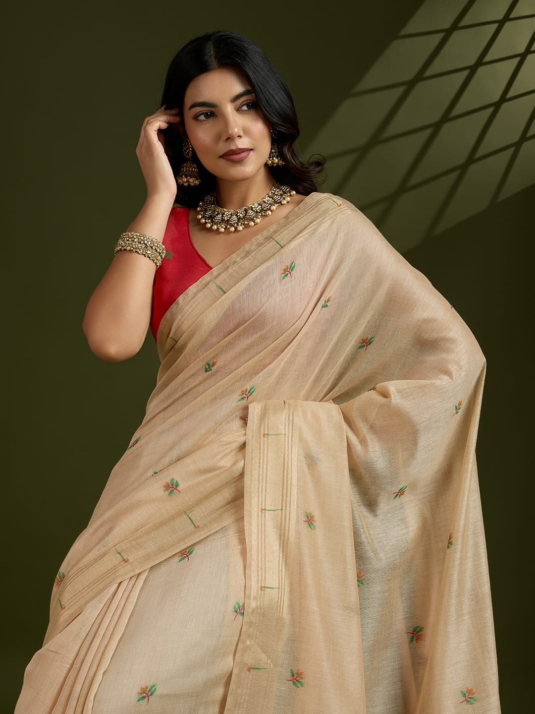 Beige Premium Soft Muga Cotton Paithani Resham Gold Zari Weaved Saree