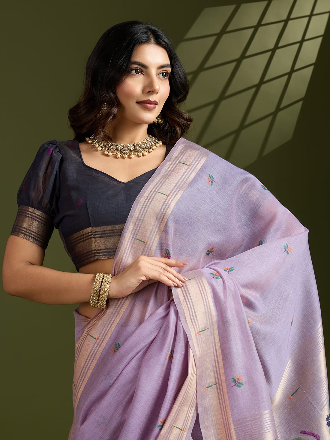 Lavender Premium Soft Muga Cotton Paithani Resham Gold Zari Weaved Saree