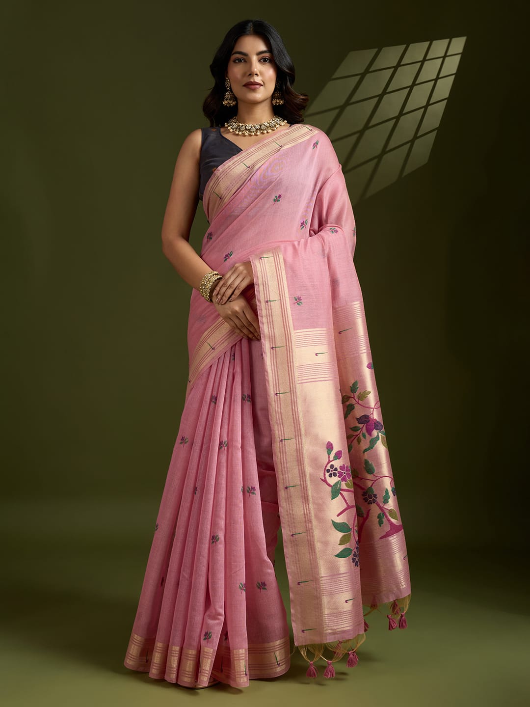 Pink Premium Soft Muga Cotton Paithani Resham Gold Zari Weaved Saree