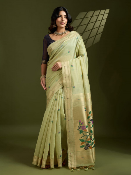 Image of Olive Green Premium Soft Muga Cotton Paithani Resham Gold Zari Weaved Saree
