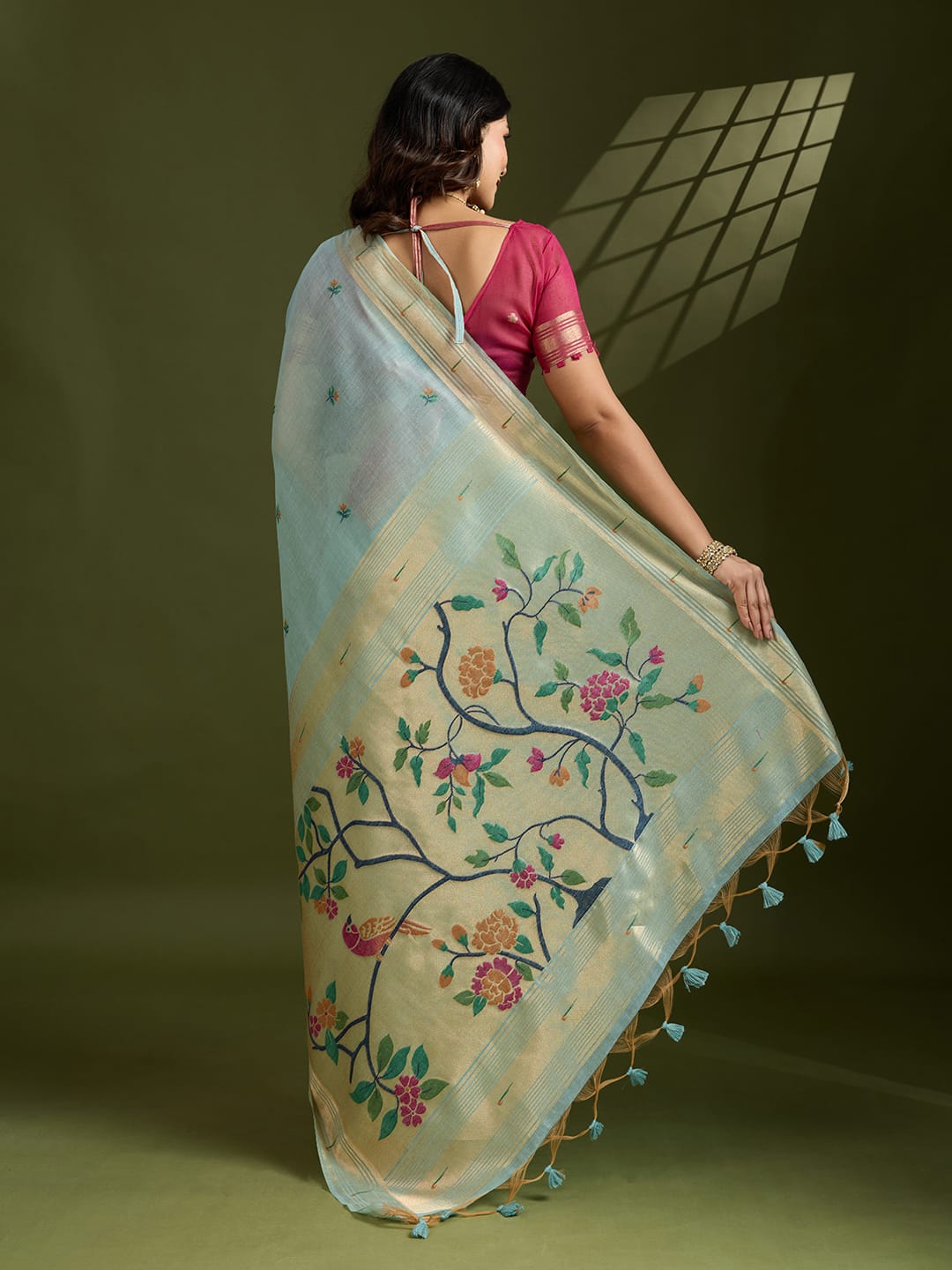 Sky Blue Premium Soft Muga Cotton Paithani Resham Gold Zari Weaved Saree