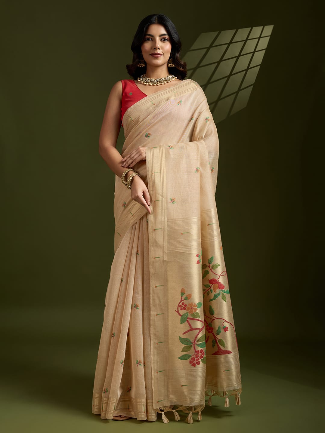 Beige Premium Soft Muga Cotton Paithani Resham Gold Zari Weaved Saree
