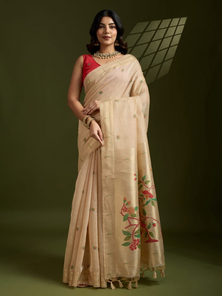 Image of Beige Premium Soft Muga Cotton Paithani Resham Gold Zari Weaved Saree