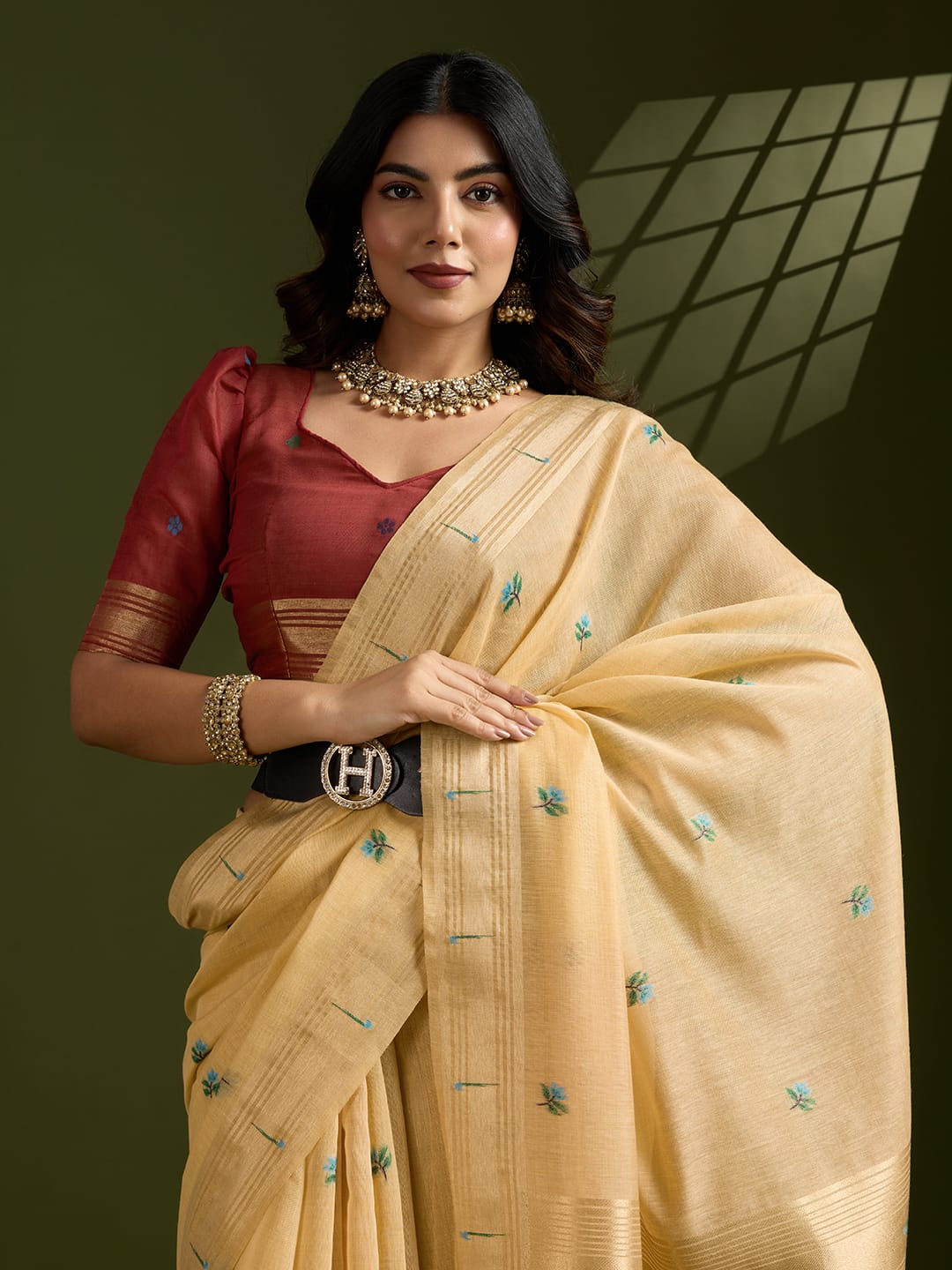 Cream Premium Soft Muga Cotton Paithani Resham Gold Zari Weaved Saree