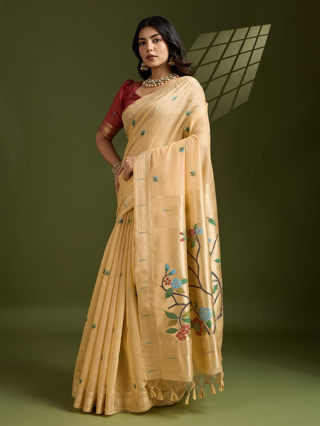 Cream Premium Soft Muga Cotton Paithani Resham Gold Zari Weaved Saree