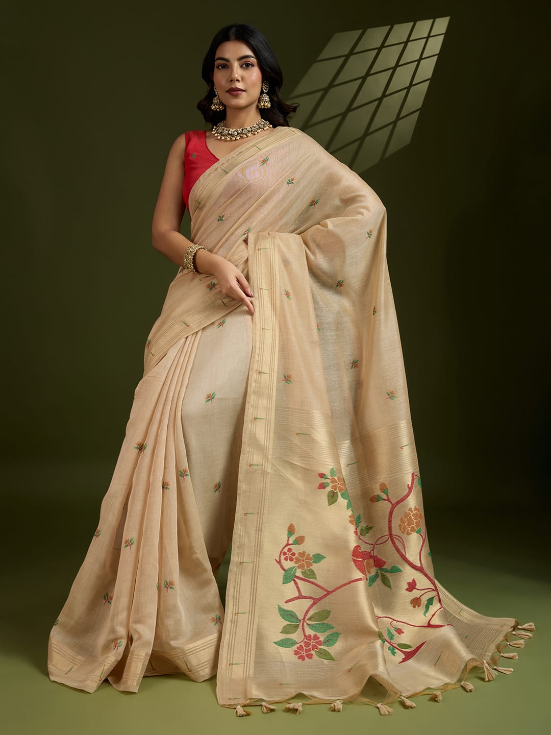 Beige Premium Soft Muga Cotton Paithani Resham Gold Zari Weaved Saree