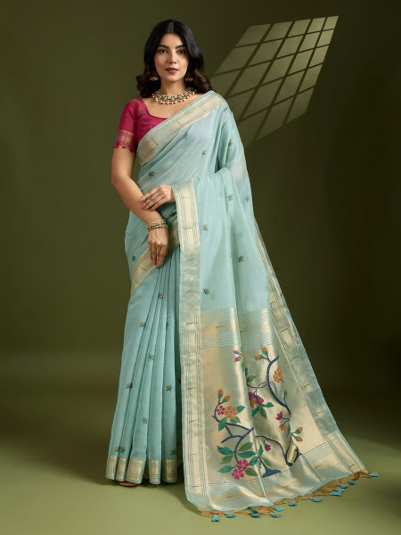 Image of Sky Blue Premium Soft Muga Cotton Paithani Resham Gold Zari Weaved Saree
