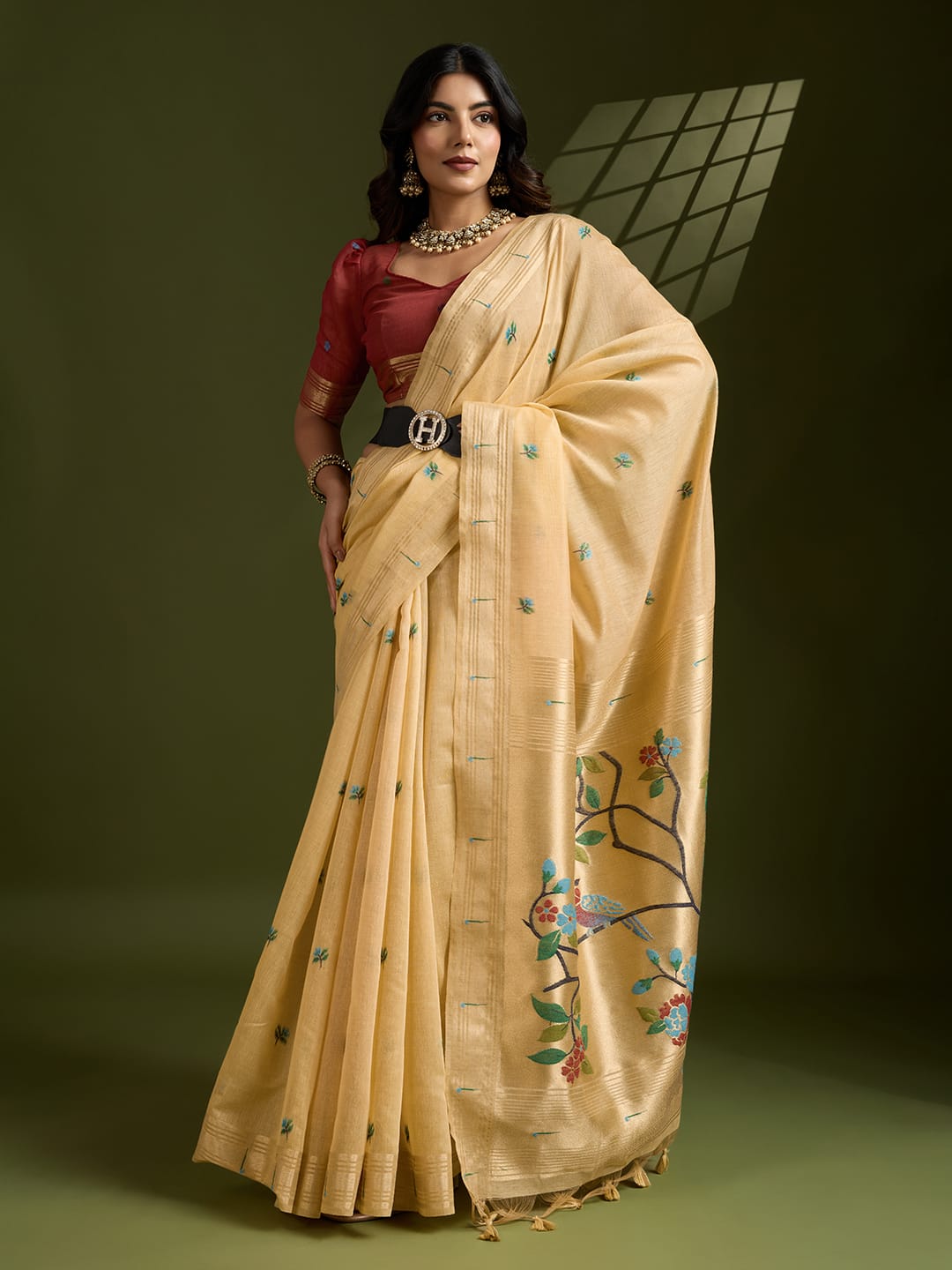 Cream Premium Soft Muga Cotton Paithani Resham Gold Zari Weaved Saree