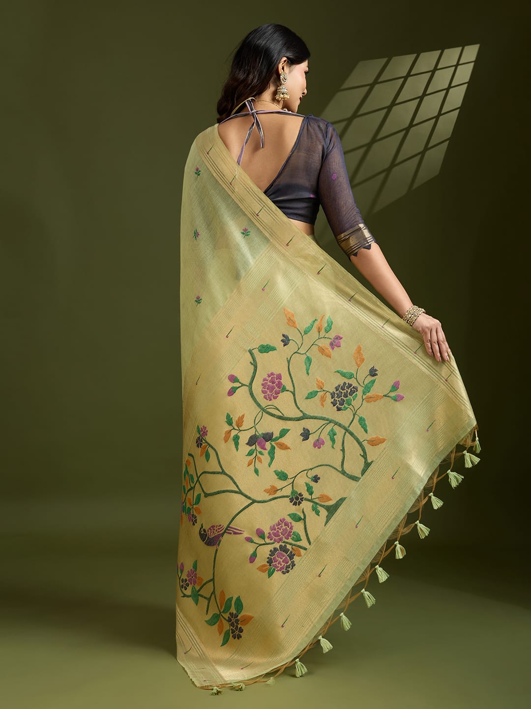 Olive Green Premium Soft Muga Cotton Paithani Resham Gold Zari Weaved Saree