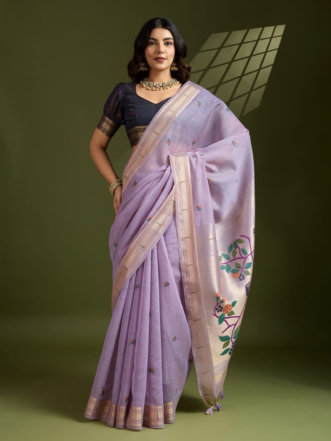 Lavender Premium Soft Muga Cotton Paithani Resham Gold Zari Weaved Saree