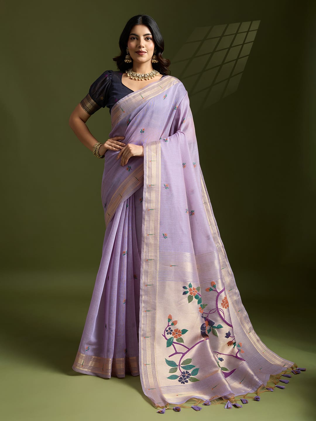 Lavender Premium Soft Muga Cotton Paithani Resham Gold Zari Weaved Saree
