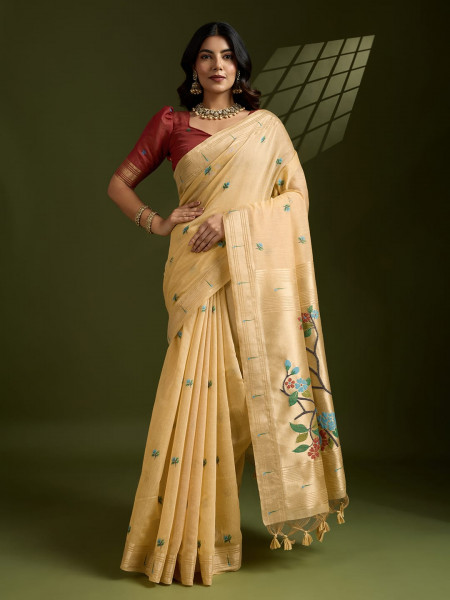 Image of Cream Premium Soft Muga Cotton Paithani Resham Gold Zari Weaved Saree