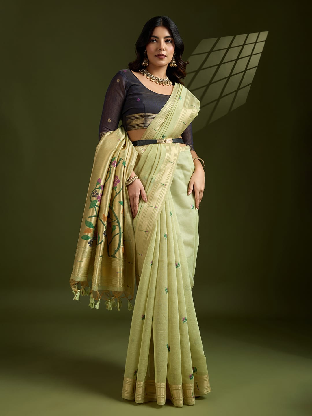 Olive Green Premium Soft Muga Cotton Paithani Resham Gold Zari Weaved Saree