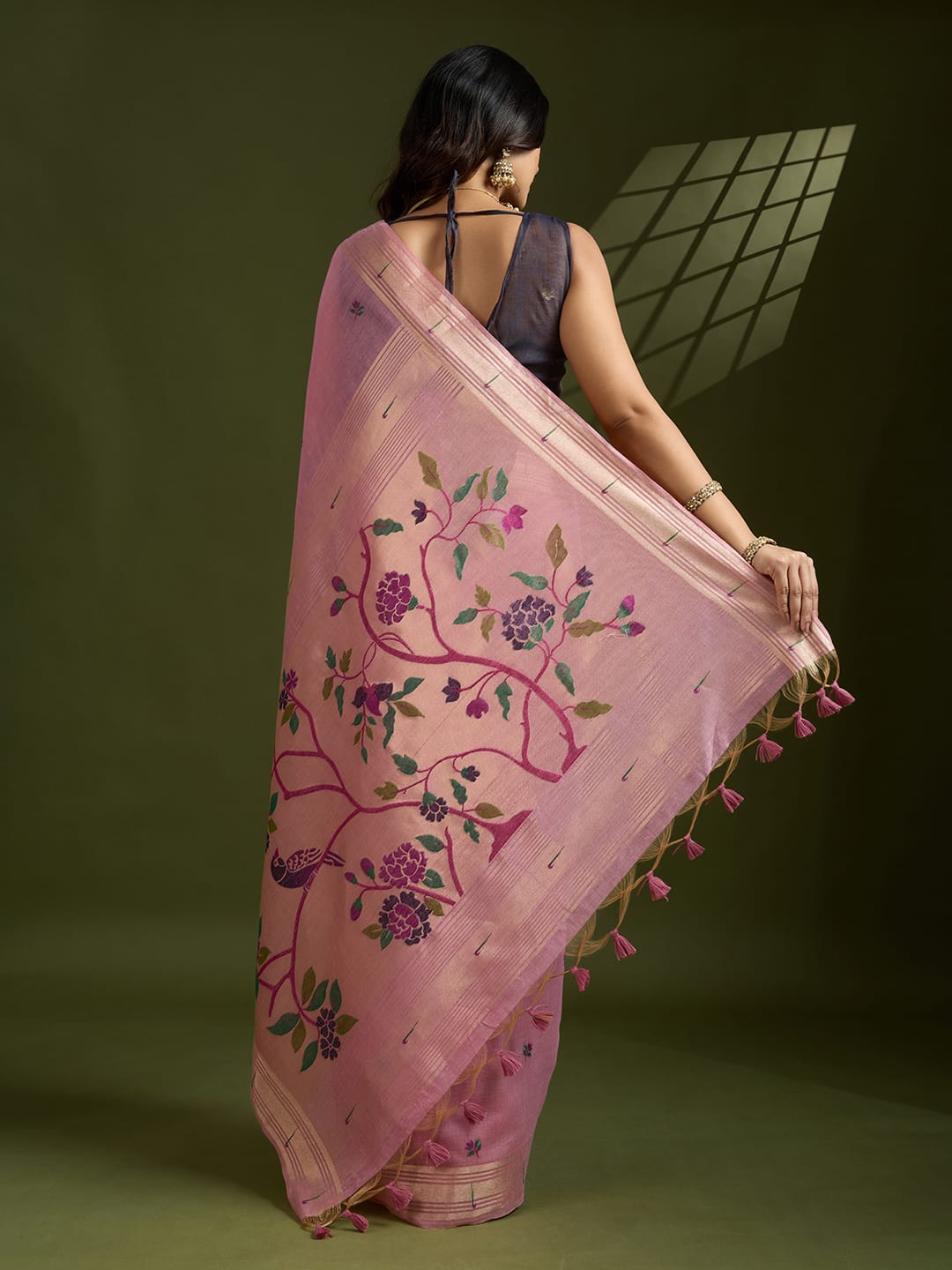Pink Premium Soft Muga Cotton Paithani Resham Gold Zari Weaved Saree