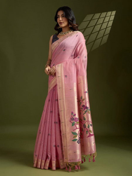 Image of Pink Premium Soft Muga Cotton Paithani Resham Gold Zari Weaved Saree