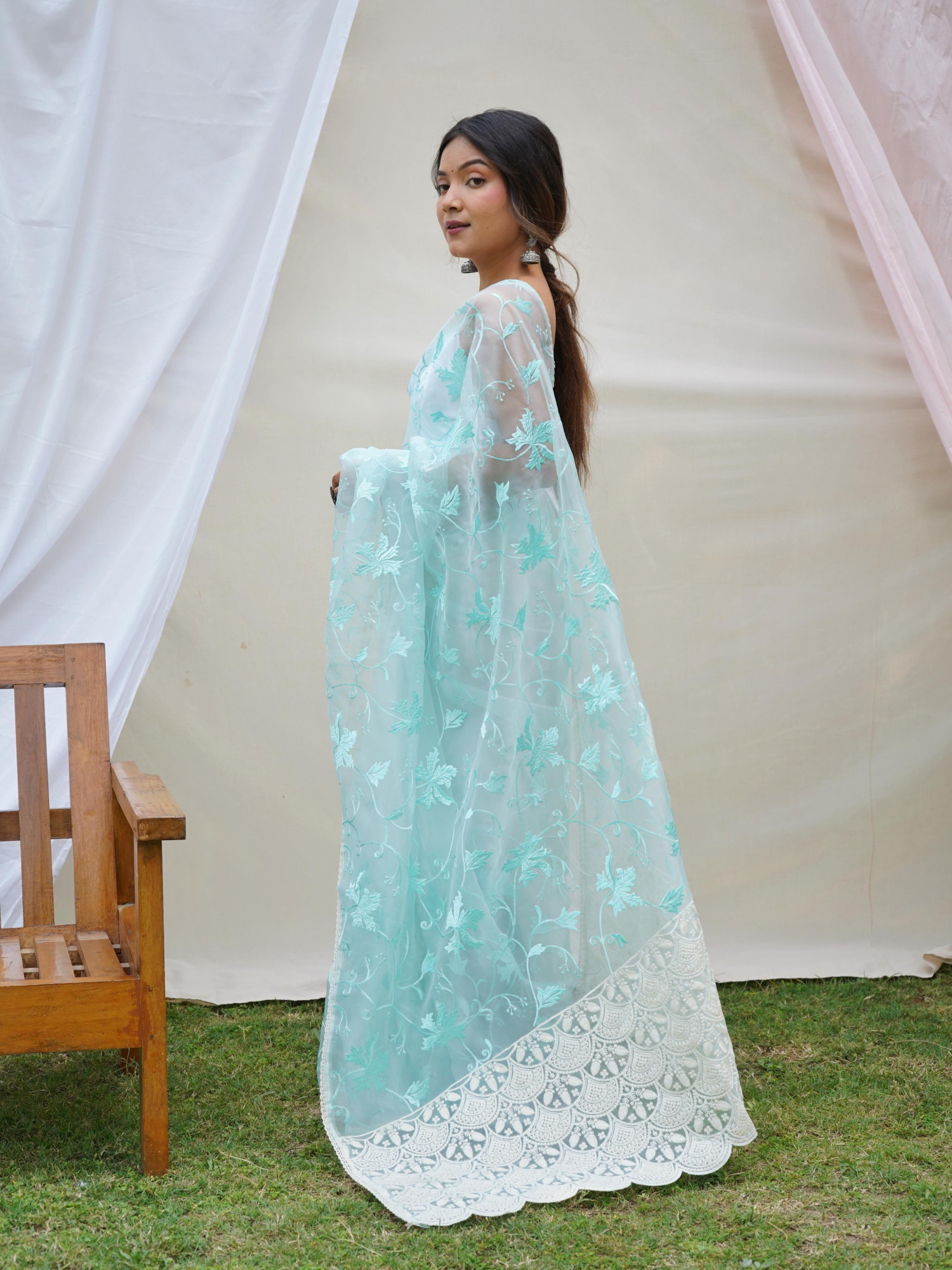 Light C-Green Organza Silk Lucknowi Thread Chikankari Work Saree