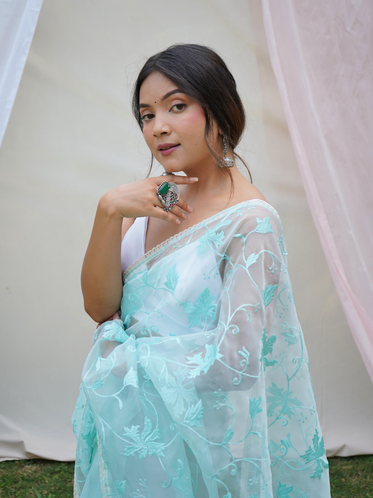 Light C-Green Organza Silk Lucknowi Thread Chikankari Work Saree