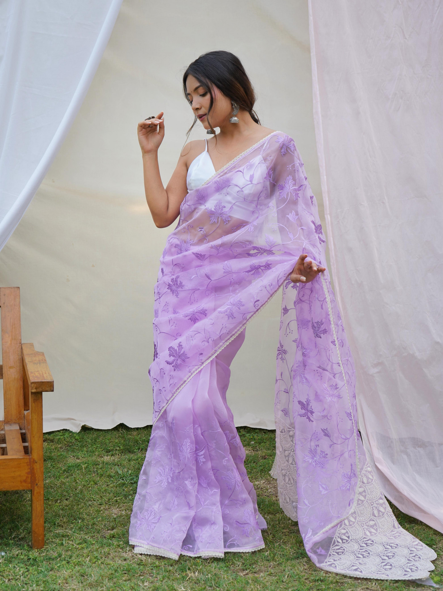 Light Lavender Organza Silk Lucknowi Thread Chikankari Work Saree