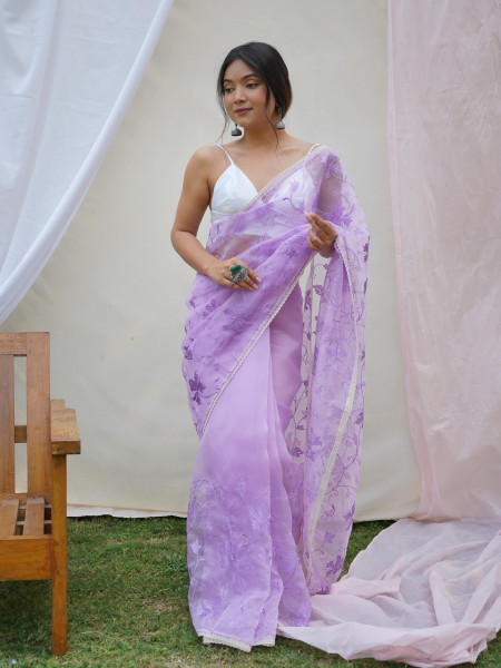 Image of Light Lavender Organza Silk Lucknowi Thread Chikankari Work Saree