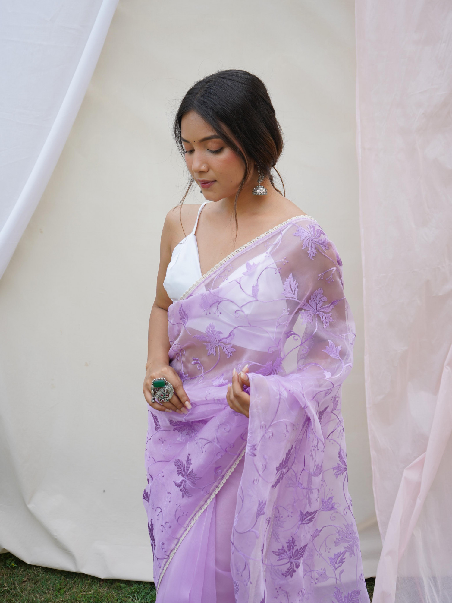 Light Lavender Organza Silk Lucknowi Thread Chikankari Work Saree