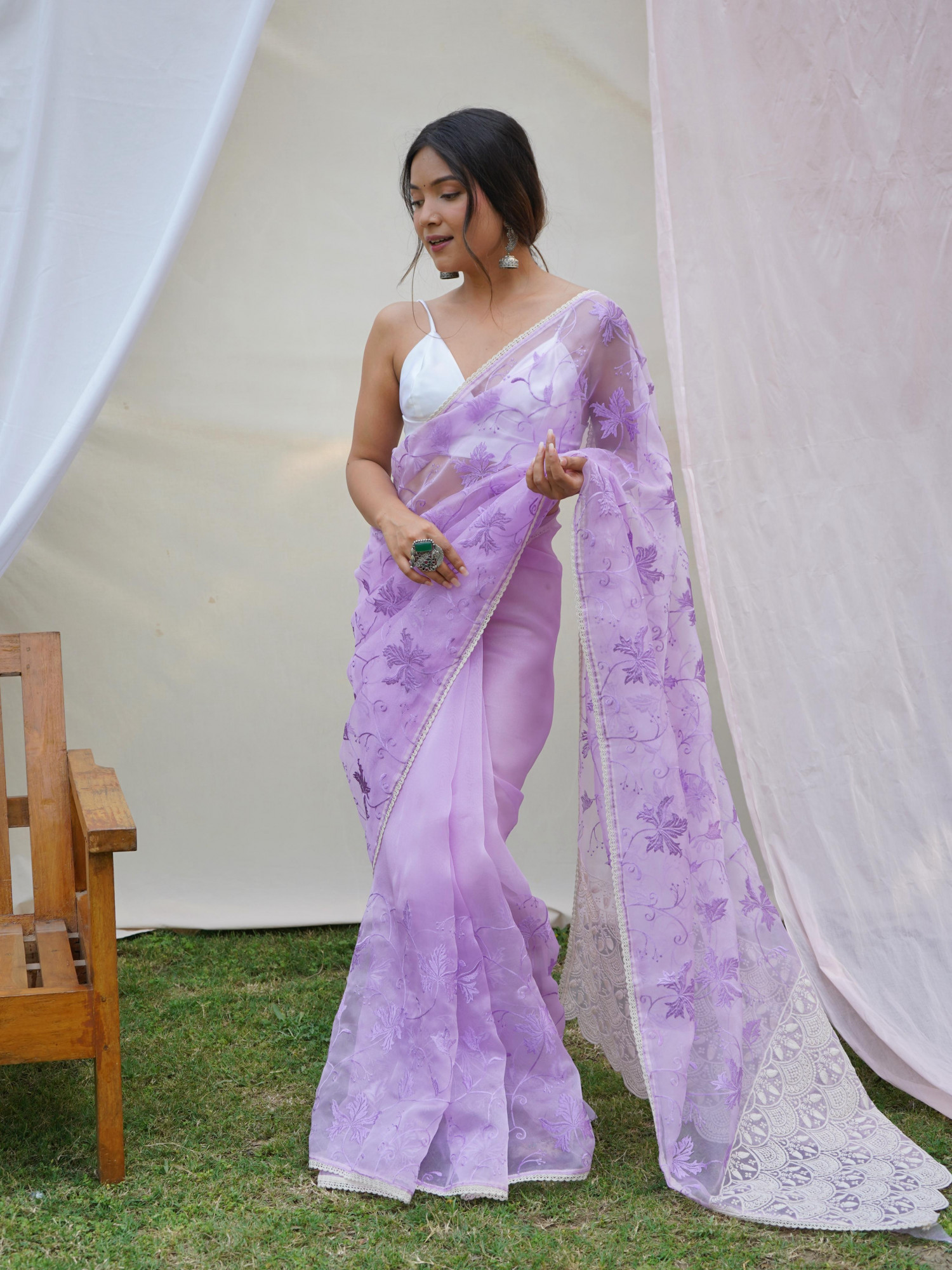 Light Lavender Organza Silk Lucknowi Thread Chikankari Work Saree