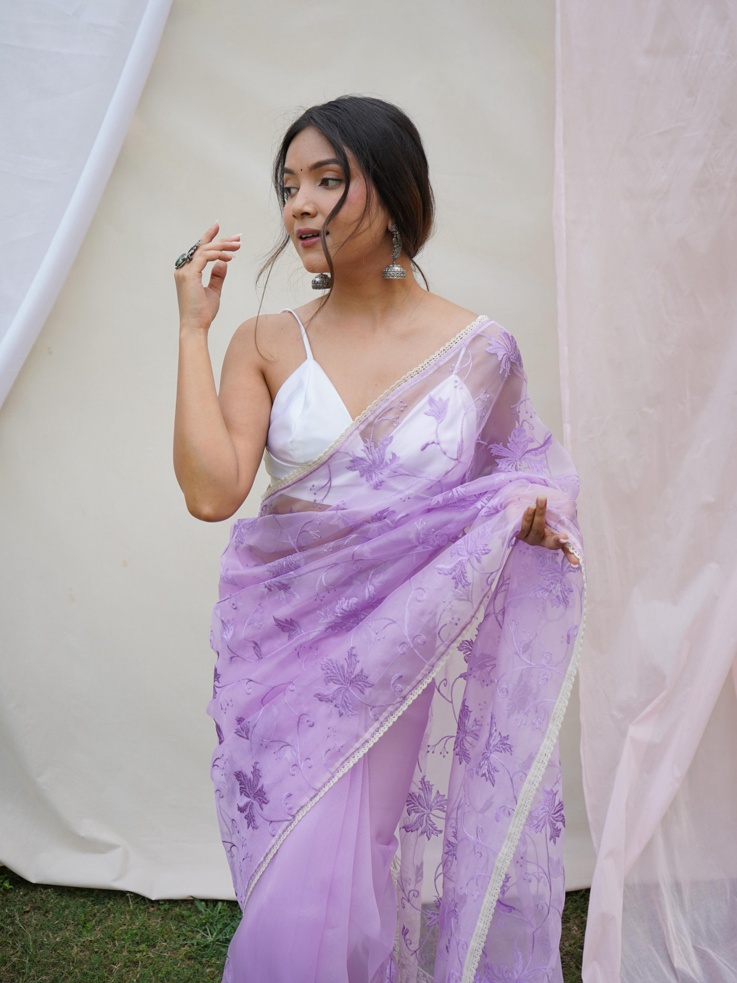 Light Lavender Organza Silk Lucknowi Thread Chikankari Work Saree