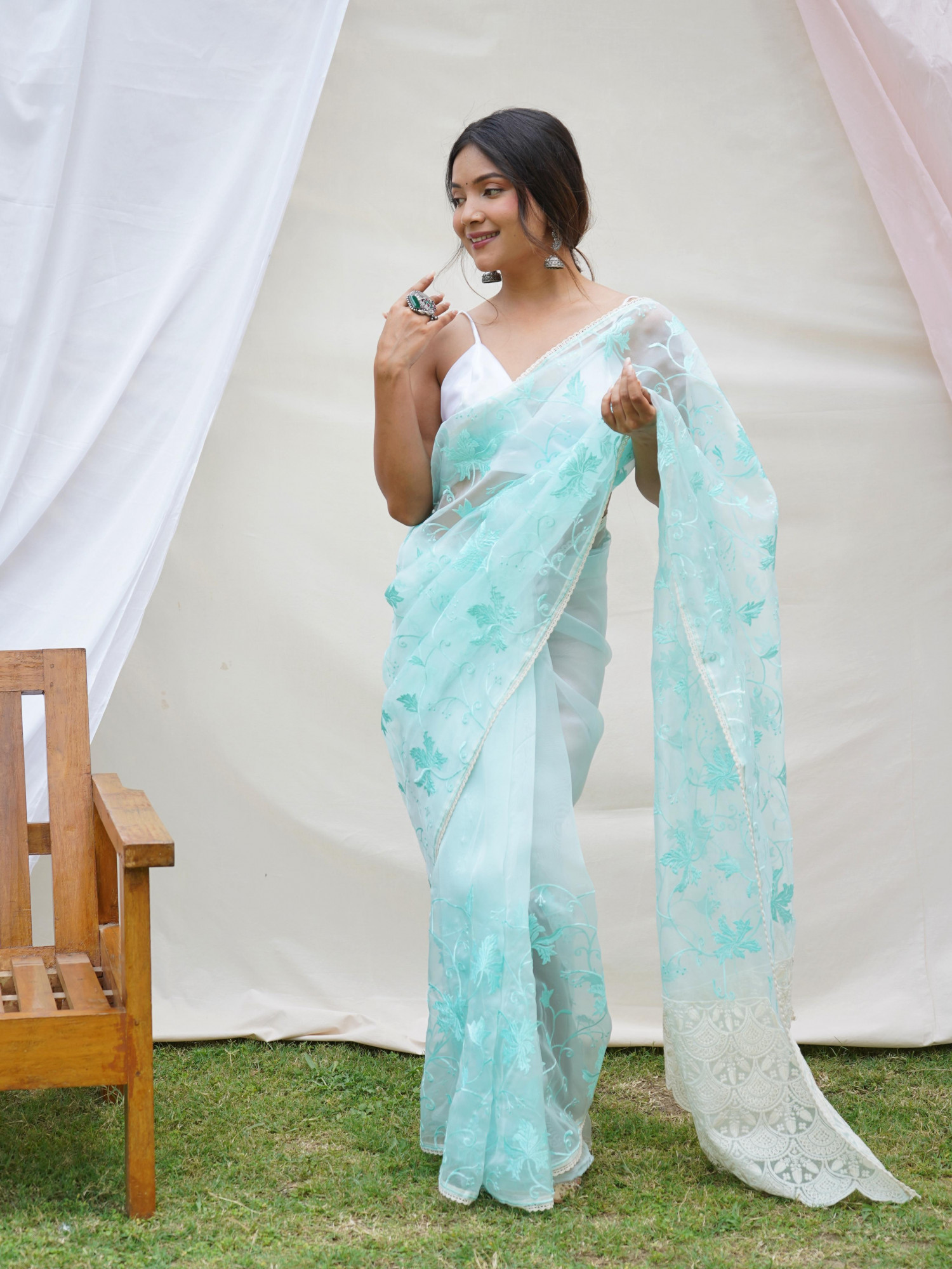 Light C-Green Organza Silk Lucknowi Thread Chikankari Work Saree