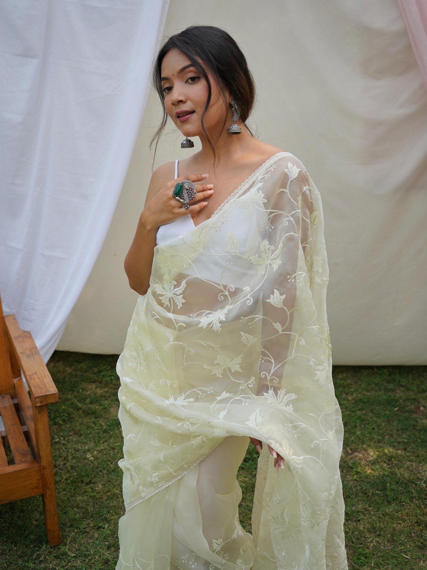 Light Pistachio Organza Silk Lucknowi Thread Chikankari Work Saree