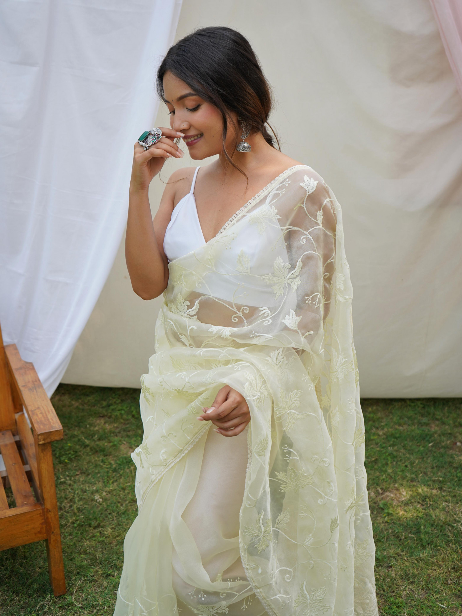 Light Pistachio Organza Silk Lucknowi Thread Chikankari Work Saree