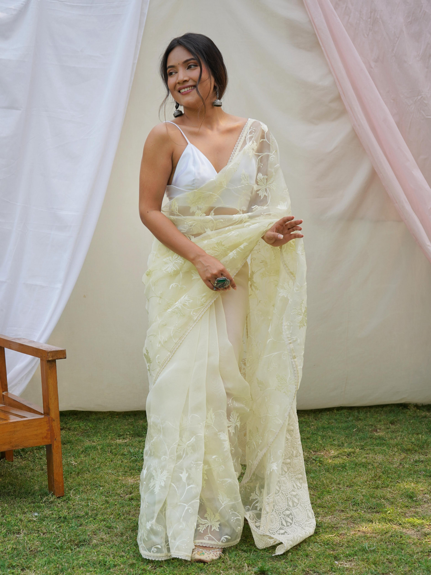 Light Pistachio Organza Silk Lucknowi Thread Chikankari Work Saree