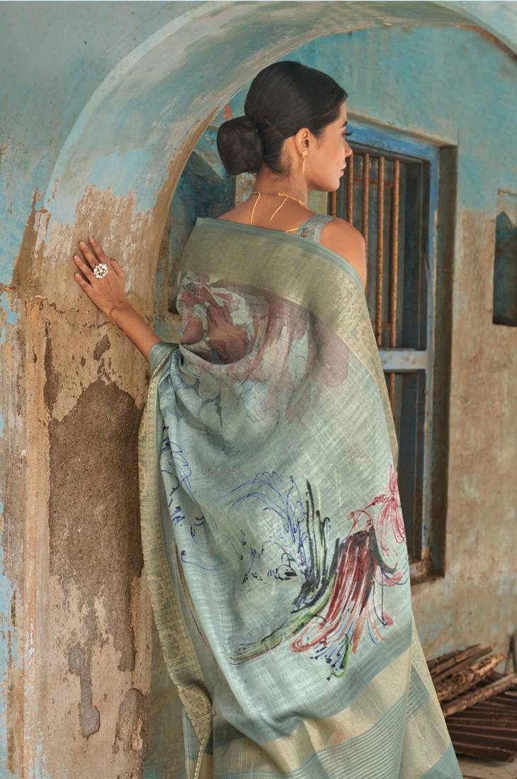 Dark Sky Blue Pure Linen Digital Printed With Zari Pallu Border Saree