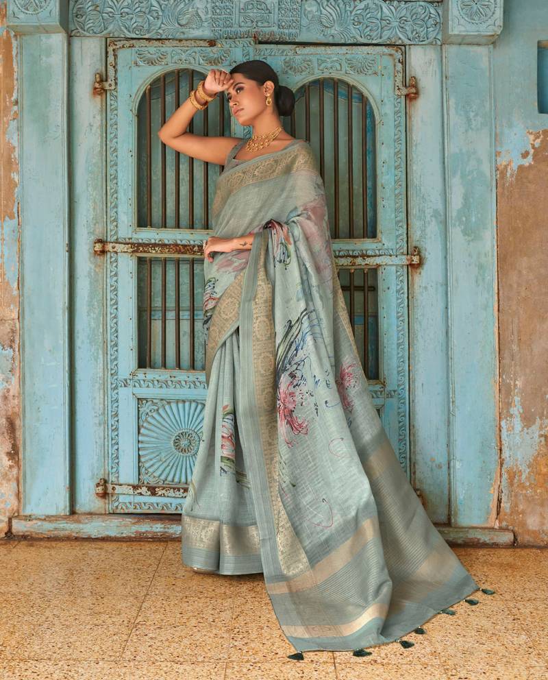 Dark Sky Blue Pure Linen Digital Printed With Zari Pallu Border Saree