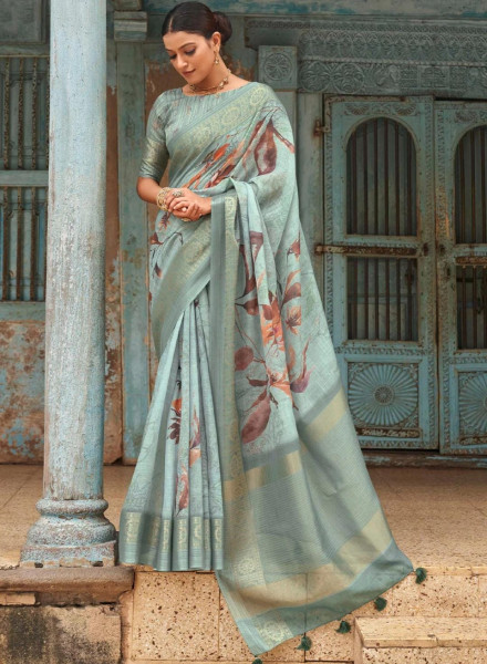 Image of Dark C-Green Pure Linen Digital Printed With Zari Pallu Border Saree