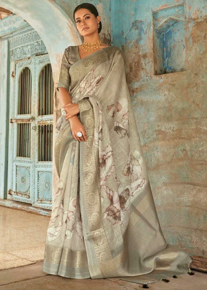 Clay Pure Linen Digital Printed With Zari Pallu Border Saree