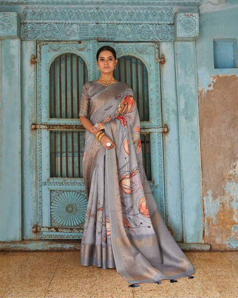 Image of Graphite Pure Linen Digital Printed With Zari Pallu Border Saree